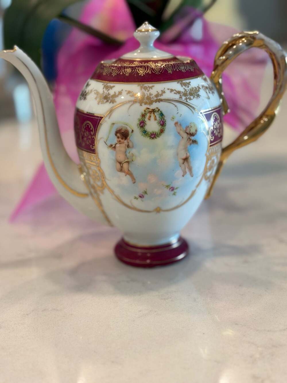 Vintage Porcelain Teapot with Cherub/Putti Motif, Burgundy and Gold Gilt Trim